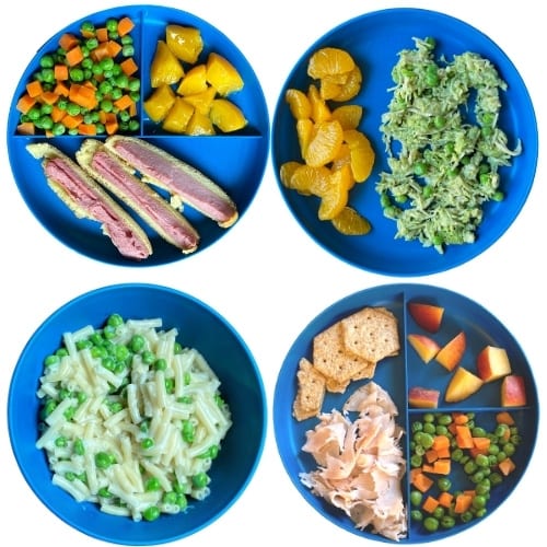 Toddler Meal Ideas: veggie corn dog, avocado chicken salad, mac n cheese, lunch meat and crackers