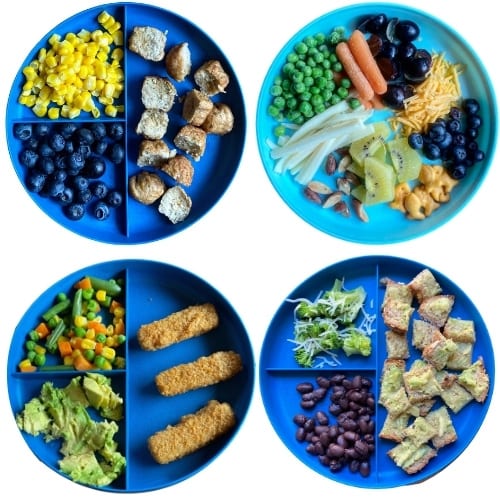 Toddler Meal Ideas: KidFresh chicken meatballs, snack plate, KidFresh fish sticks, avocado toast bites