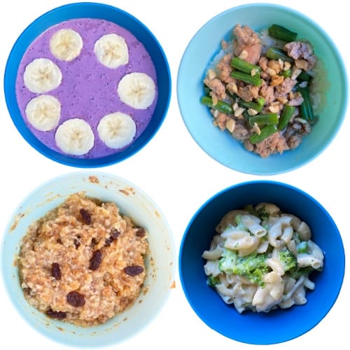 Toddler Bowl Meal Ideas: smoothie bowl, pork green bean stir fry, carrot cake oatmeal, broccoli mac n cheese