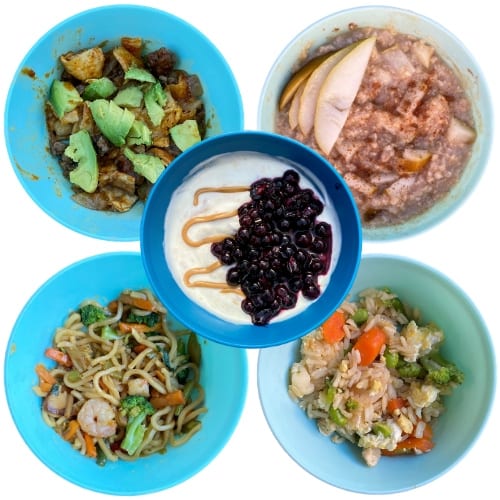 Toddler Bowl Meal Ideas: Enchiladas, cinnamon pear oatmeal, yogurt parfait, shrimp noodle stir fry, chicken fried rice