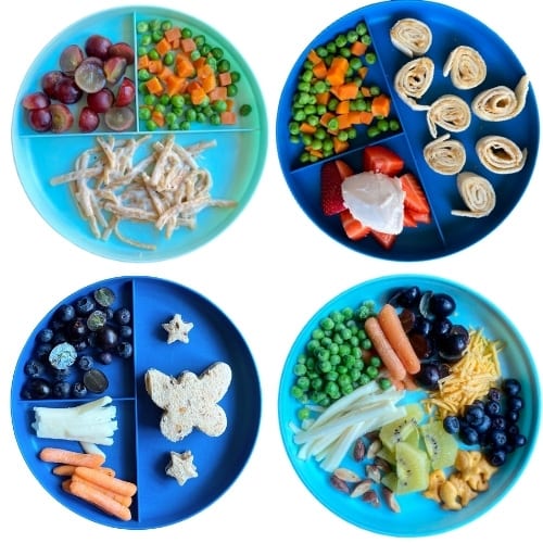 Toddler Lunch Ideas: veggie pasta, pinwheels, pb&j, snack plate
