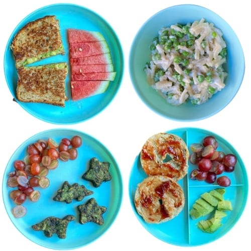 Toddler Lunch Ideas: grilled cheese, mac n cheese, spinach littles, mini bagel