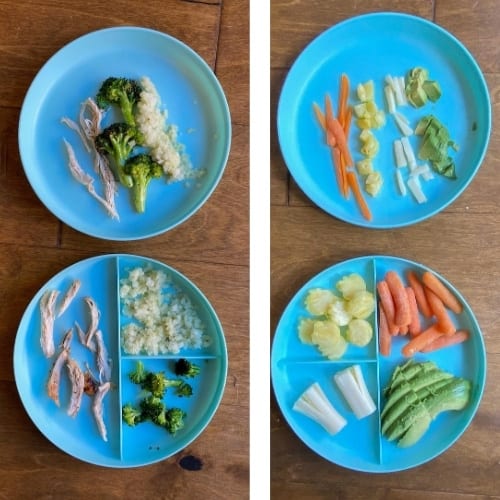 Baby & Toddler Meal Ideas: pulled chicken, fruit and veggie plate