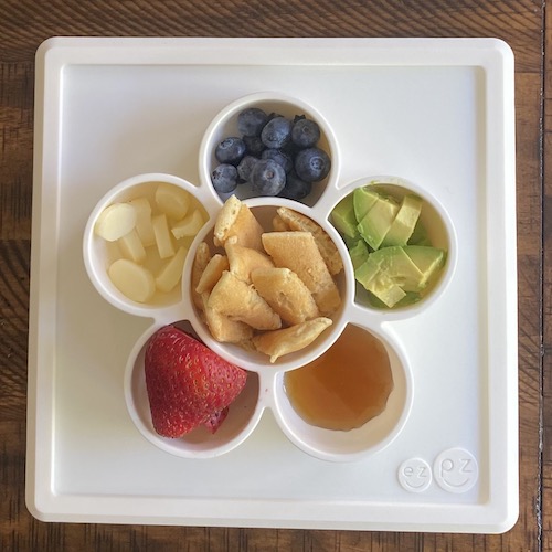 Toddler breakfast pancake dipper snack plate.