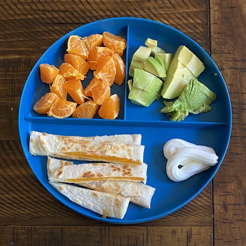 Toddler lunch with quesadilla strips.