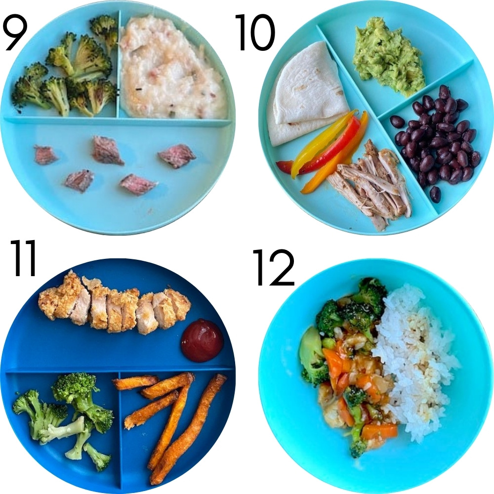 Four plates with toddler dinner ideas.