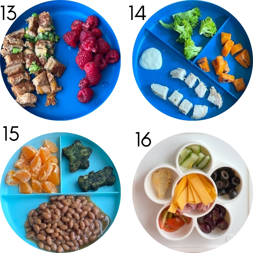 Four toddler plates for 12-18 month toddler dinner ideas.