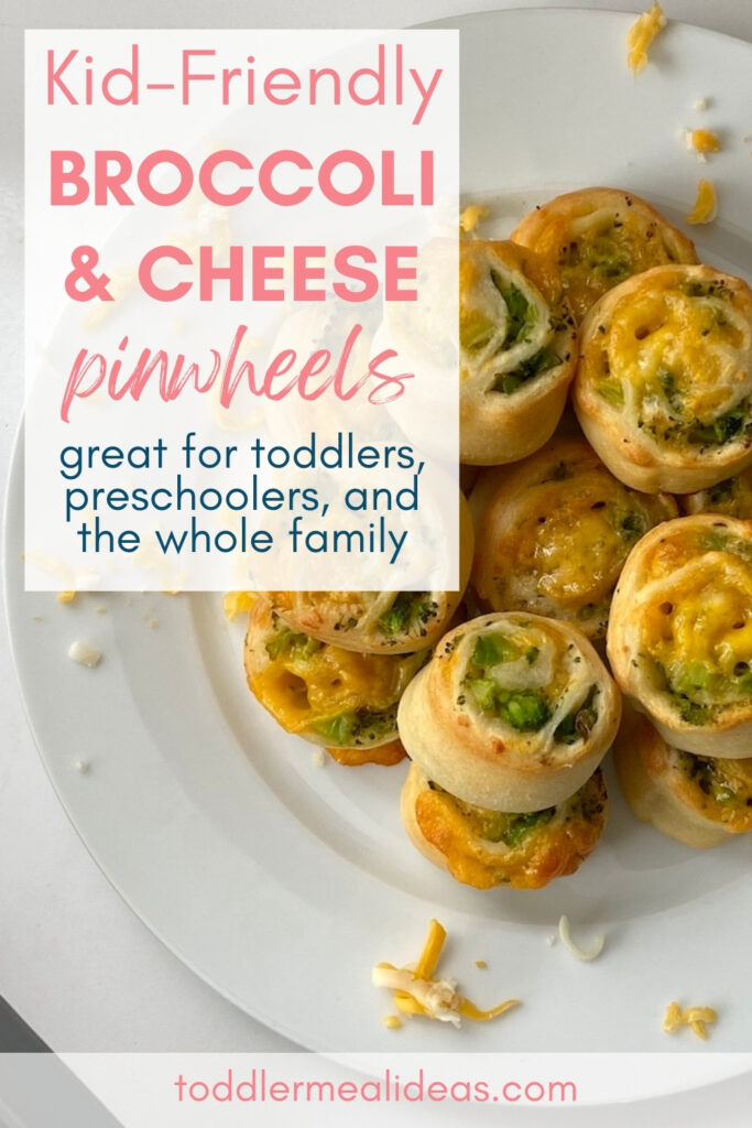 Kid friendly broccoli cheese pinwheels graphic