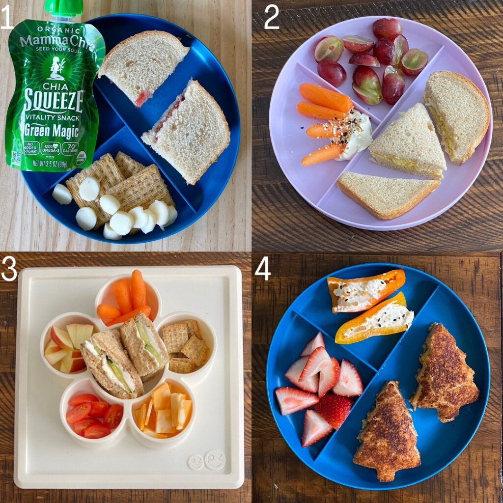 4 plates with toddler lunch ideas
