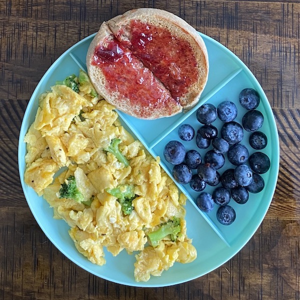 Broccoli eggs and cheese toddler plate